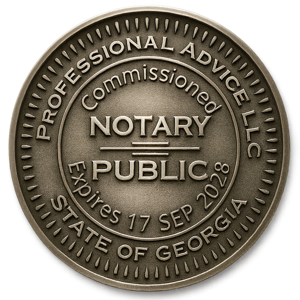 Official Georgia public notary round stamp for Professional Advice LLC